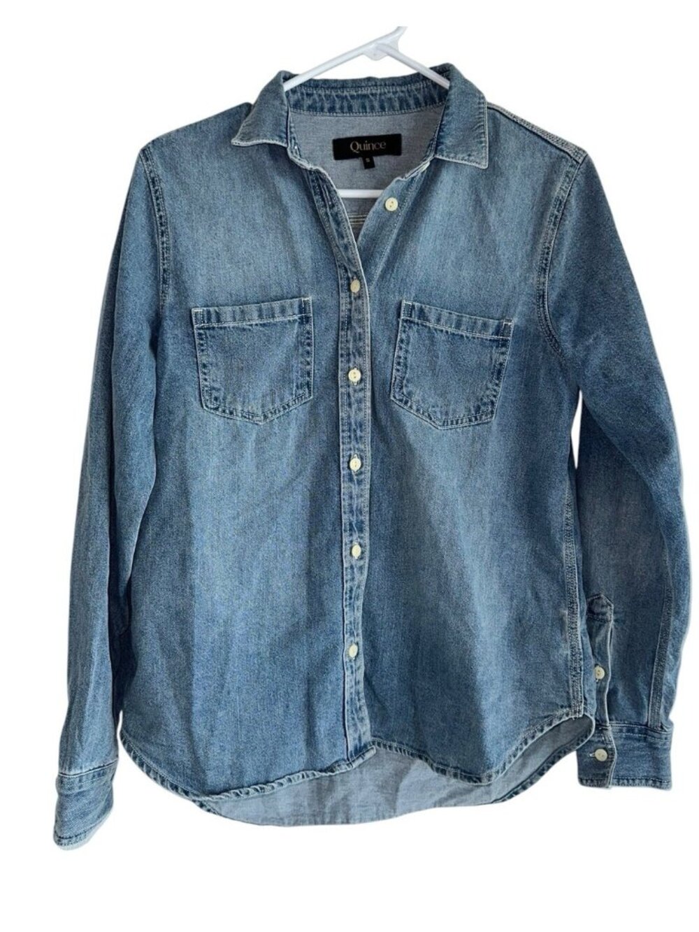 Quince Women Distressed Denim Shirt Sleeved Top Blue S Cowgirl Western